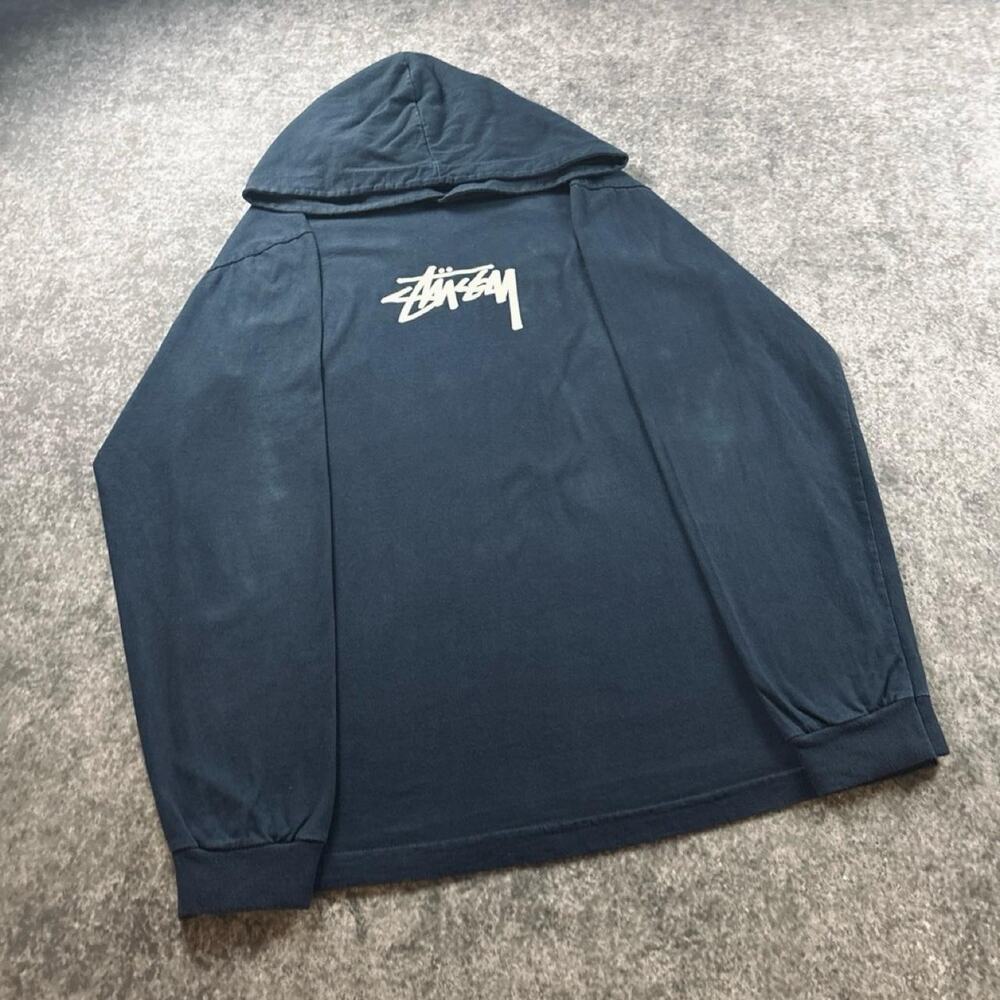 Vintage Y2K Stussy Men’s L Navy Blue Faded Logo Lightweight Pullover Hoodie
